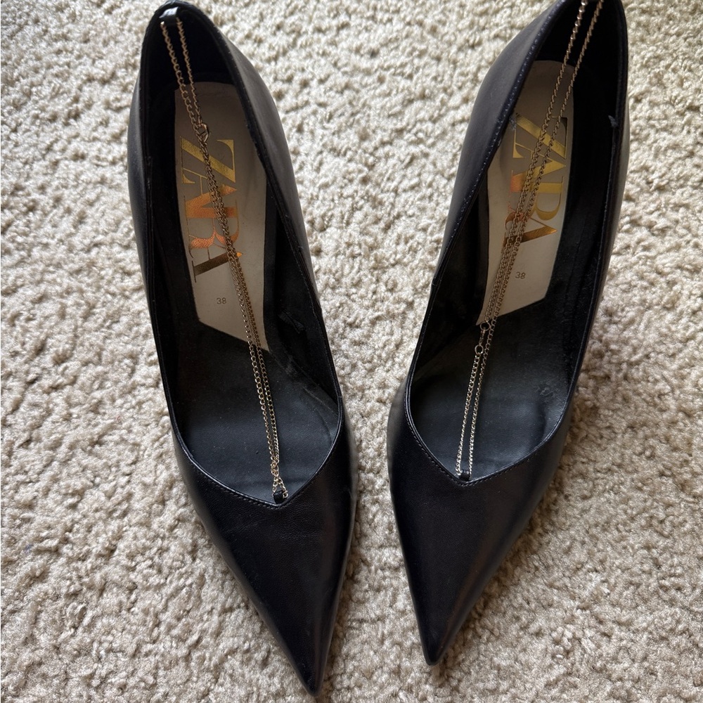 Zara Black Pointed Leather Stiletto Pumps